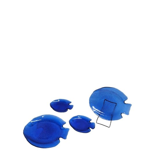 4 Pc Cobalt Blue Fish Plates Glass 2 Snack 2 Large Serving Plates France - Picture 9 of 9